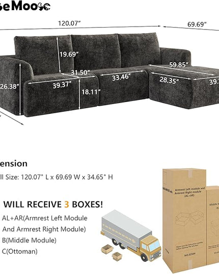 EASE MOOSE Sectional Cloud Couch for Living Room, Modular Boneless Sofa L-Shaped, Modern Cloud Sofa Set with Fluffy Foam, Oversized 4-Seater Comfy Sofa with Ottoman for Bedroom, Chenille (Dark Grey)