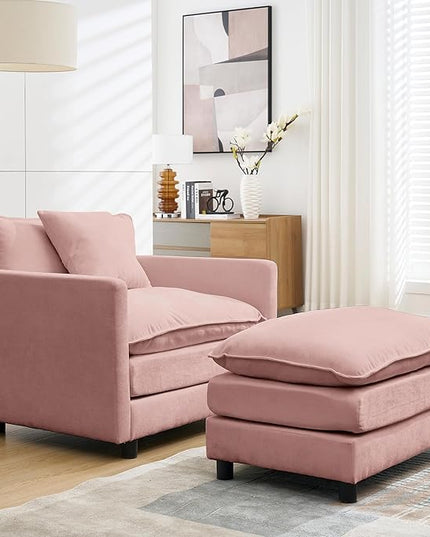 SZLIZCCC 56.3''D Oversized Chaise Lounge Chair Indoor, Comfy Chenille Upholstered Sofa Chair with Ottoman, Deep Seat Single Sofa Couch with 1 Pillow for Living Room (Pink, 56.3"- Single Seat)
