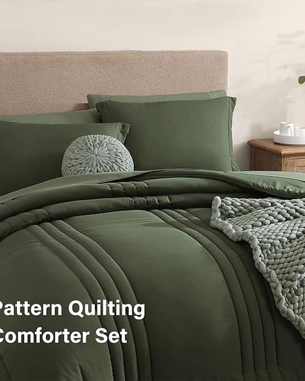 Monbix Twin XL Size Comforter Set - Extra Long 5 Pieces Dorm Bedding Sets, Quilting Design Fluffy Bed in a Bag Twin XL with Sheets, Pillowcase & Sham(Olive Green)