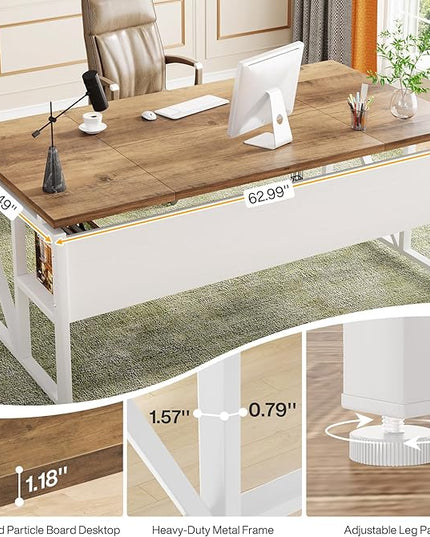 Tribesigns 63 inches Computer Desk with Bottom Storage Shelf Home Office Desk Writing Table for Workstation,Dark Walnut + Steel Leg， Cabinet not Included (Light Walnut, 63-inch-with Shelf)