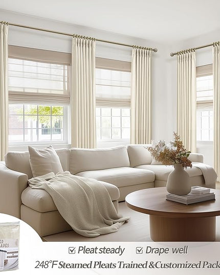 Cream Extra Wide 70 Inch Blackout Curtains 90 Inches Long for Dining Room 2 Panels Set, Memory Trained Pinch Pleated Thermal Sound Dampening Double Layer Linen Blend Ivory Windows Drapes 70x90 Length