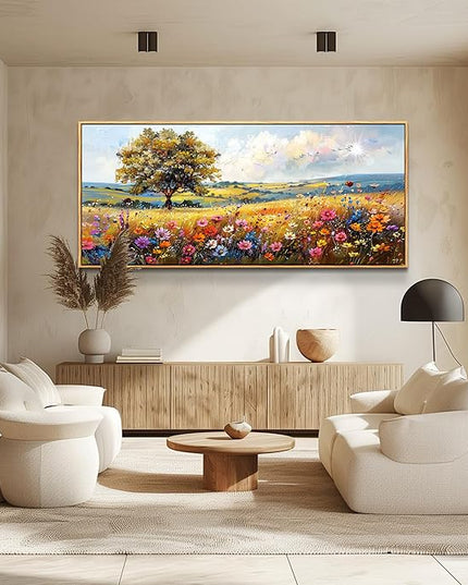 hyidecorart Farmhouse Wall Art For Living Room Pictures For Bedroom Wall Decor Natural Scenery Wall Painting Office Artwork Colorful Flowers And Trees Canvas Prints Hanging Decor Wood Framed 72x32