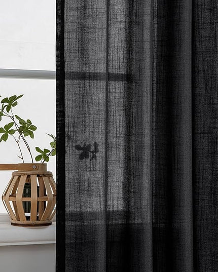 MIULEE Black Linen Curtains 96 Inch Length 2 Panels for Bedroom Living Room, Soft Thick Linen Textured Back Tab Window Drapes Semi Sheer Light Filtering Rod Pocket Modern Farmhouse Halloween Decor