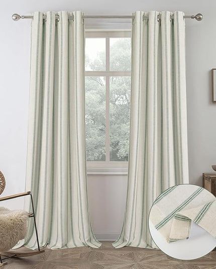 DriftAway Farmhouse Linen Blend Blackout Curtains 96 Inches Long for Bedroom Vertical Striped Printed Linen Curtains Thermal Insulated Lined Treatments for Living Room 2 Panels W52 x L96 Loden Green