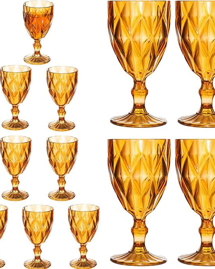 12 Pack Vintage Wine Glasses, Plastic Reusable 12 Ounce Colored Water Goblets, Unique Embossed Pattern Unbreakable Stemmed Wine Glasses High Clear Wedding Party Bar Drinking Cups Amber