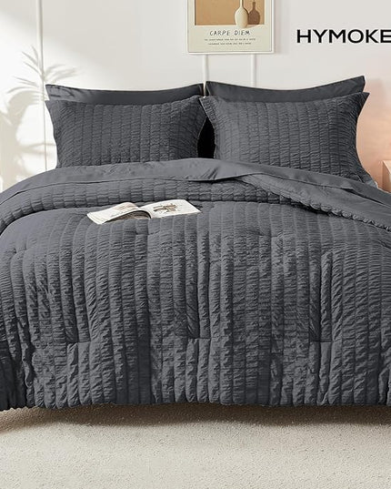 HYMOKEGE Queen Comforter Set Seersucker 7 Pieces, All Season Luxury Bed in a Bag for Bedroom, Bedding Set with Comforters, Sheets, Pillowcases & Shams, Dark Grey