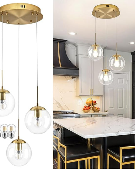 KoKo&Yukina 3-Light Globe Glass Pendant Light Modern Gold Clear Globe Glass Chandelier Adjustable Length Pendant Lights Fixtures High Ceiling Light for Kitchen Island Foyer (Bulb & Remote Incl.)