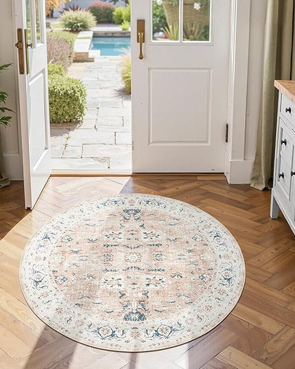 jinchan Round Rug 4ft Area Rug - Washable Boho Vintage Floral Circle 4' Round Floor Cover Lightweight Low Pile Thin Throw Non-Slip Carpet for Kitchen Living Room Bedroom Dining Room Office Pink Blush