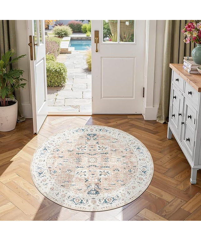 jinchan Round Rug 4ft Area Rug - Washable Boho Vintage Floral Circle 4' Round Floor Cover Lightweight Low Pile Thin Throw Non-Slip Carpet for Kitchen Living Room Bedroom Dining Room Office Pink Blush