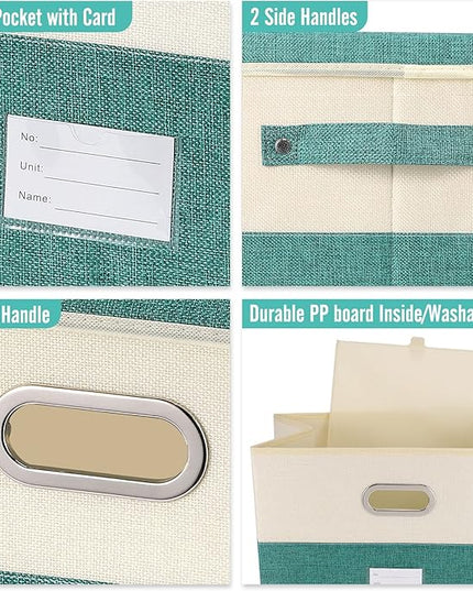 Large Linen Fabric Foldable Storage Bins with Removable Lid and Handles, Washable Storage Box Organizer Containers Baskets Cube with Cover for Bedroom,Closet,Office (Turquoise&Cream, Large)
