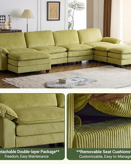 VINGLI 156" Cloud Corduroy Sectional Sofa, Comfy L-Shaped Extra Deep Seat Sofa Couch for Living Room,Modern 4-Seat Convertible Loveseat Sofa with Three Ottomans for Small Space(Olive Green)