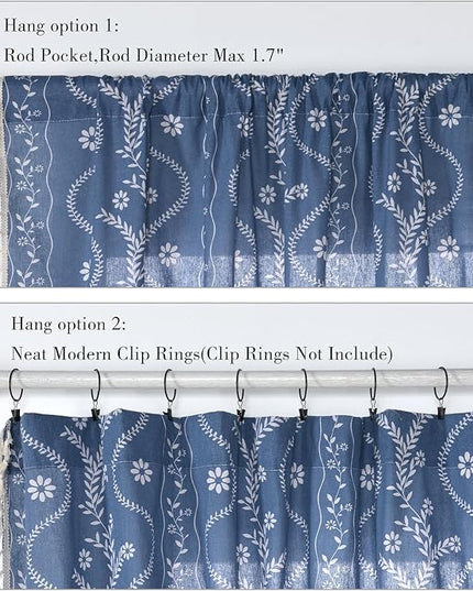Navy Blue Western Rustic Boho Curtains 96 Inch Length, Farmhouse Linen Floral Curtains for Bedroom Living Room Vintage Printed Patterned Long Curtain Drapes