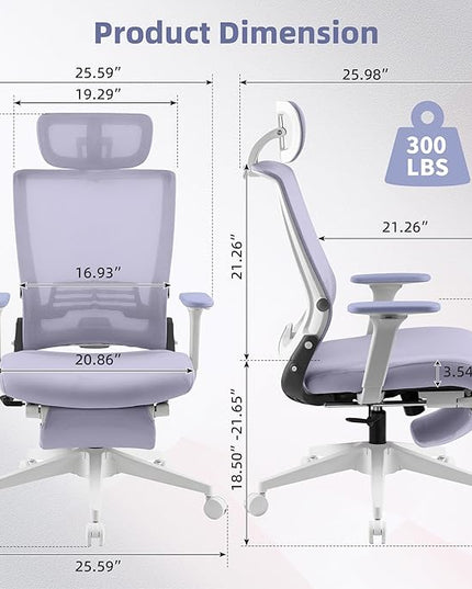 Foldable Office Chair with Foot Rest, Ergonomic Office Chair with Adjustable Lumbar Support, Headrest, Armrest, Home Office Desk Chair for Space Saving, Work from Home, Purple