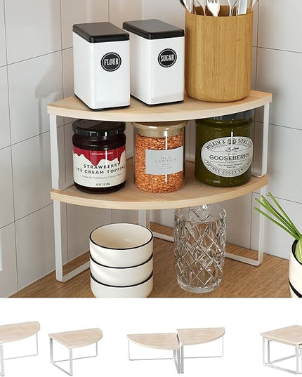 Corner Shelf Countertop Organizer - Set of 2 Corner Shelves for Kitchen Cabinet Organizer, Spice Rack, Stackable Bathroom Stand and Storage, Sink Rack, Corner Cabinet, Counter Decor, Natural Beige