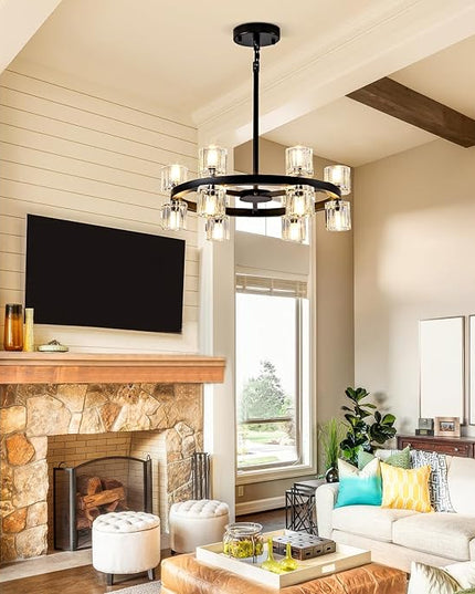 18'' Modern Large Chandelier, 12-Light Elegant Crystal Chandeliers for Dining Room, Black Farmhouse Round Wagon Wheel Pendant Lighting Fixture with Glass Shade for Living Room High Ceilings Entryway