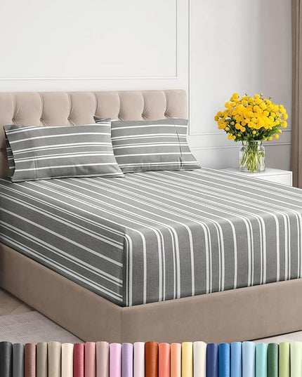 Extra Deep Twin XL Sheet Set - 4 Piece Breathable and Cooling Sheets - Hotel Luxury Bed Sheets Set - Easy Fit - Soft, Wrinkle Free and Comfy Sheets Set - Grey Striped Sheet Set with Extra Deep Pockets