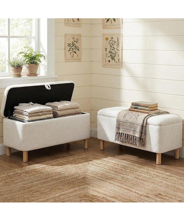 Ottoman with Storage, Storage Ottoman Bench, Entryway Bench, End of Bed Bench with Wood Legs for Bedroom, Living Room,2PCS,Cream