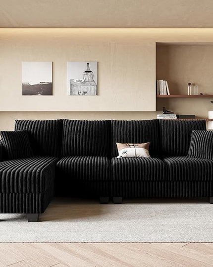 Belffin Sectional Couch with L-Shape Chaise L Shaped Couch with Ottoman Sectional Couches for Living Room Corduroy (Black, L Shaped)