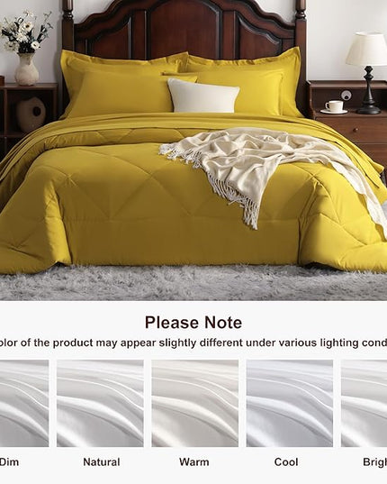 NTBAY King Comforter Set with Sheets, 7 Pieces Soft and Breathable King Bedding Set, Bed in a Bag, Down Alternative Comforter Set Solid Color All Season, King Bedding Set, Yellow