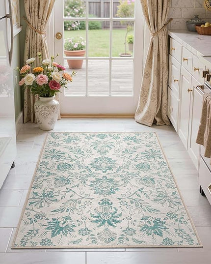 jinchan Torino 3x5 Area Rugs for Entryway Vintage-Inspired Floral Design Machine Washable Non-Slip Low-Pile Rug Ultra-Thin Indoor Traditional Accent Carpet for Entrance Kitchen Bedroom Hallway