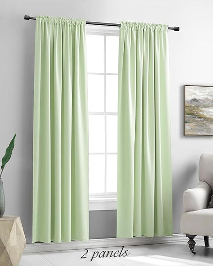 DONREN 90 inch Length Room Darkening Curtain Panels for Living Room - Energy Efficient Blackout Bedroom Curtains Thermal Insulated Rod Pocket,Light Green,52 x 90 inch Set of 2 Panels