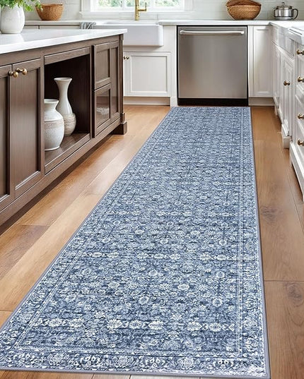 2.6x12 Runner Washable Rug for Kitchen, Blue Soft Classic Runner with Non-Slip, Non-Shedding Distressed Floral Rug for Hallways Entryway Bedroom Bathroom Laundry Indoor