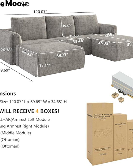 EASE MOOSE Cloud Couch Sectional Sofa, Large U-Shaped Oversized Modular Couch for Living Room, Minimalist Boneless Couches with Ottoman, 5-Seat Deep Sofas for Bedroom, Chenille (Light Grey)