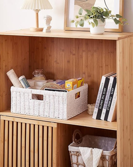 OIAHOMY Wicker Basket, Paper Shelf Basket with Built-in Handles, Rectangular Wicker Storage Bin for Pantry, Shelves, 1 Pack-White