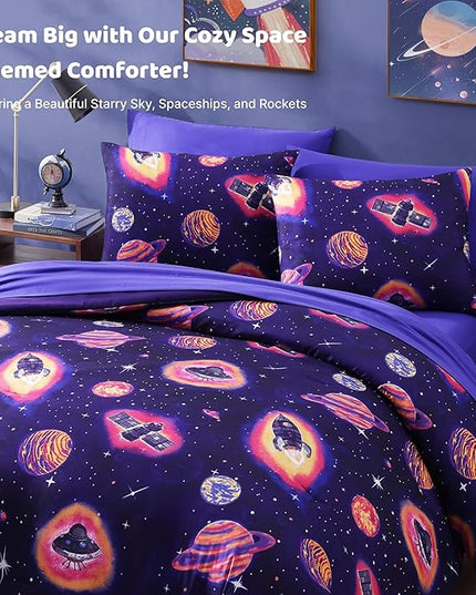 Twin Comforter Set for Boys-5 Pieces Space Rocket Twin Bedding Sets for Kids, Ultra Soft Bed in A Bag with Sheets