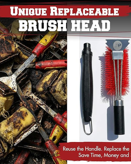KITCHEN PERFECTION Nylon GrillSaver - Safe BBQ Grill Brush with Replaceable Cleaning Head -Heavy-Duty Grill Cleaner w/Scraper for Porcelain & Ceramic Grates, Includes Magnetic Hanger & Bottle Opener