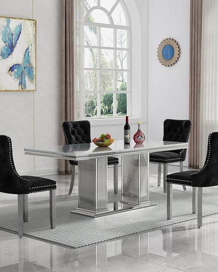 HomVent 68.11" Modern Rectangle Dining Table Set for 4, Faux Marble Top & Stainless Steel Base (Silver Table with 4 Black Chairs, 5 Pieces)