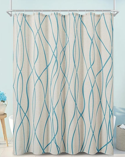 Blue Modern Farmhouse Linen Shower Curtain, Country Cottage Bathroom Decor Striped Minimal Boho Textured Linen Shower Curtain Set with Hooks, 72x72