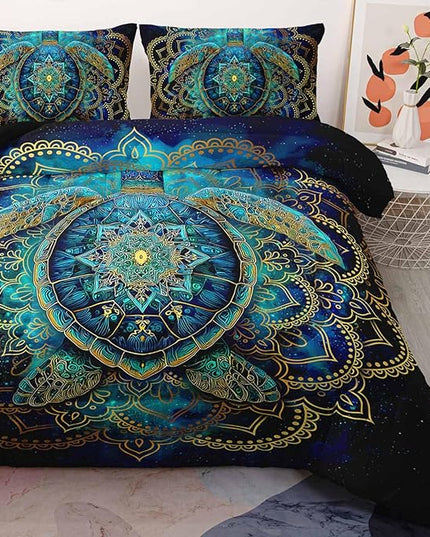 AILONEN Ethnic Turtle Bedding Set Twin Size - Blue Green Starry Mandala Boho Comforter Set with 2 Pillowcases,3-Piece Bedding