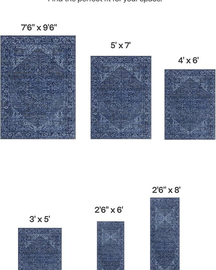 ReaLife Rugs Machine Washable Area Rug - Living Room Bedroom Bathroom Kitchen Entryway Office - Padded Low Pile Stain Resistant Premium - Boho Vintage Traditional - Lyle - Blue 7'6" x 9'6"
