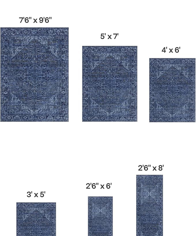 ReaLife Rugs Machine Washable Area Rug - Living Room Bedroom Bathroom Kitchen Entryway Office - Padded Low Pile Stain Resistant Premium - Boho Vintage Traditional - Lyle - Blue 7'6" x 9'6"