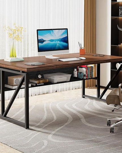 Tribesigns 63 inches Computer Desk with Bottom Storage Shelf Home Office Desk Writing Table for Workstation, Dark Walnut + Steel Leg, Cabinet not Included (Dark Brown, 63-inch-with-Shelf)