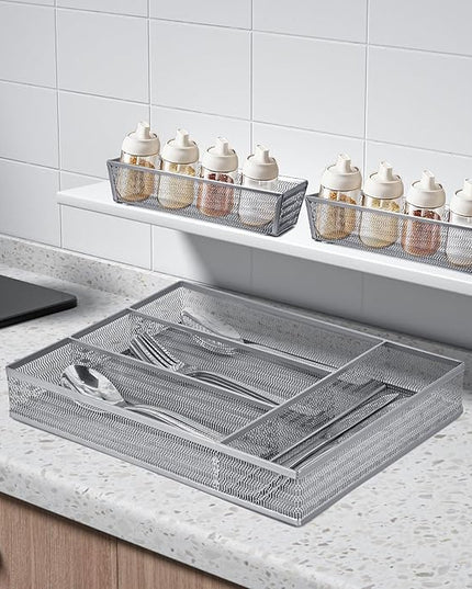 Neudeco Drawer Organizer Set 5 Pack - 4-Compartment Silverware Organizer Tray + 4 Utensil Trays, Kitchen Drawer Organizer for Flatware, Cutlery, Office Supplies, Silver Mesh, Non-Slip,Silver