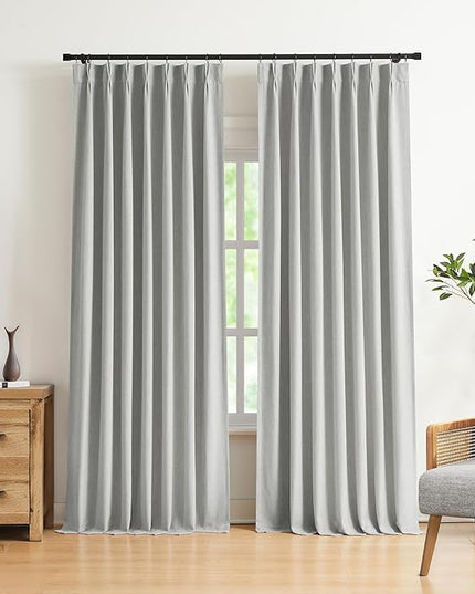 Vision Home Light Gray Pinch Pleated Full Blackout Curtains Linen Blended Room Darkening Curtain Panels 72 inch for Living Room Bedroom Thermal Insulated Pinch Pleat Drapes with Hooks 40" Wx72 Lx2