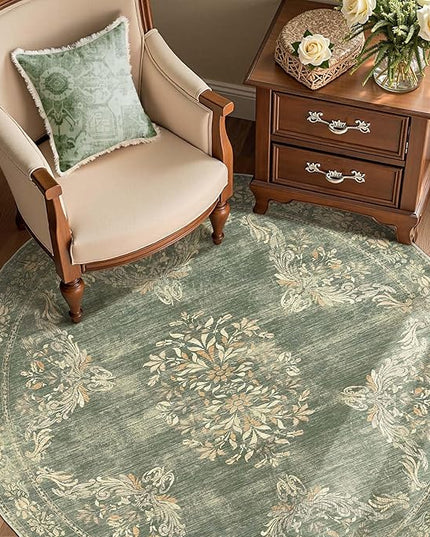 jinchan Round Rug 5ft Area Rugs Vintage Floral Distressed Design Machine Washable Soft Non-Slip Low-Pile Ultra-Thin Christmas Circle Rug for Entryway Living Room Dining Room (5' Round, Dark Green)