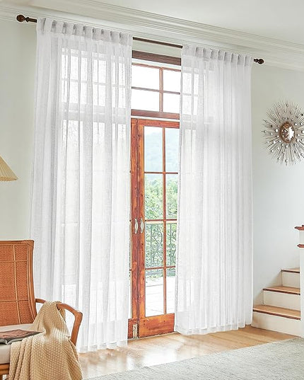 White Sheer Linen Curtains 84 Inch Width for Extra Wide Windows 2 Panel Back Tab Pocket Light Filtering Semi Sheer Long Skinny Curtains for Living Room Rustic Farmhouse 9 FT Wide 84 x 108 Inch Long