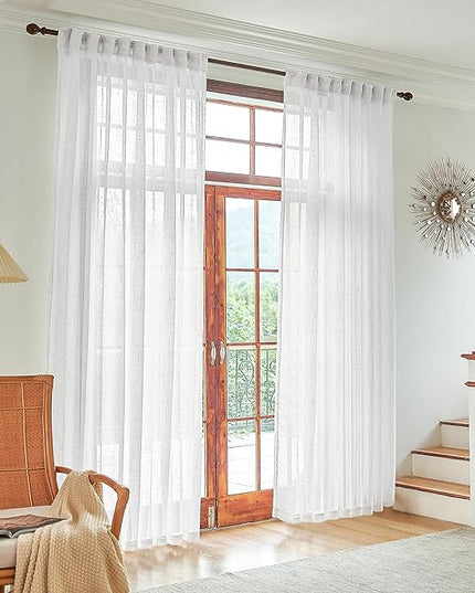White Linen Sheer Curtains 72 Inch Width for Large Windows 2 Panel Set Back Tab Rod Pocket Light Filter Semi Sheer Long Skinny Curtains for Living Room Rustic Farmhouse Decor 8 FT Wide 72 x 96 Long