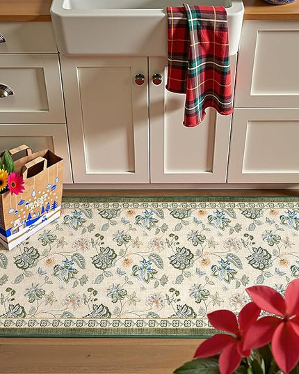 jinchan Elora 2x5 Floral Runner Rug for Hallway Washable Runner Vintage Romance Christmas Design Non Slip Thin Indoor Floor Cover Low-Profile Throw Carpet for Entryway Bedroom Porch, Green/Beige