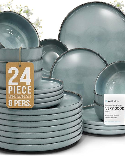 Stoneware dinnerware set 8 persons Rustic 24 pcs - Rustic design dinnerware set, dishwasher safe - Bowl and plate set - Pure Living dinnerware in smoky blue…