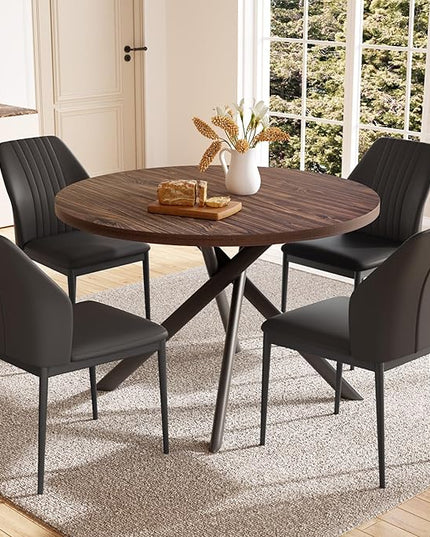 45.3'' Walnut Round Dining Table Set for 4, Mid Century Modern Small Coffee Set for Dining Room Kitchen Apartment (Dark Walnut Table + 4 Black Chairs)