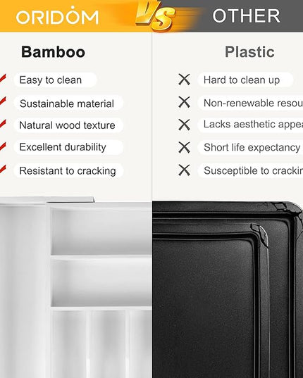 Large Premium Bamboo Silverware Organizer - Expandable Drawer Organizer & Utensil Organizer - 17"x19.7" Cutlery Tray with Dividers for Kitchen Utensils and Flatware (7-9 Slots) (White)