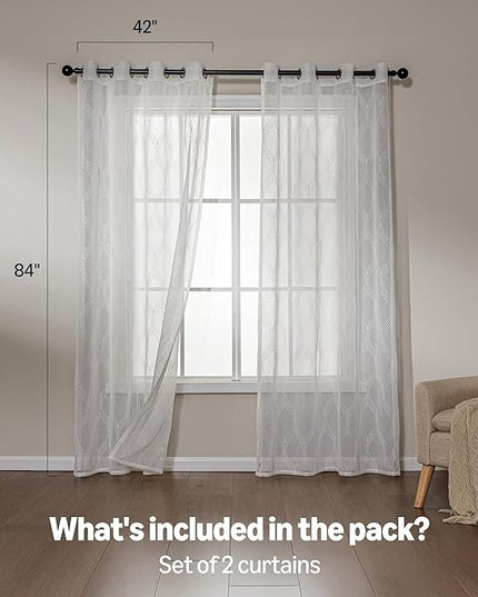 Amazon Basics 2-Piece Embroidery Sheer Curtain Set, Light Filtering Hollow Drapes for Living Room and Bedroom, 42" W × 84" L, White Classic Waves