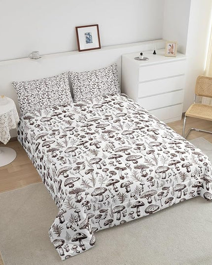 Manfei Mushroom Kids Comforter Set Queen Size,Hand Drawn Sketch Bedding Set,Boys Girls Room Decor,Botanical Plants Weed Flowers Rustic Down Comforter,Brown White Boho Retro Duvet Insert,2 Pillowcases