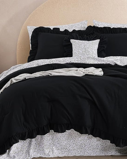 Full Comforter Set - 7 Pieces Ruffle Black Bedding Sets, Shabby Chic Farmhouse Bed in a Bag Full with Ruffle Comforter, Floral Sheets, Pillowcases & Shams