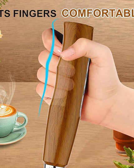 YUSWKO Wood Grain Handheld Milk Frother Wand with Stand for Coffee, Rechargeable Electric Whisk with 3 Heads 3 Speeds Drink Mixer Coffee Frother For Latte, Cappuccino, Hot Chocolate, Egg
