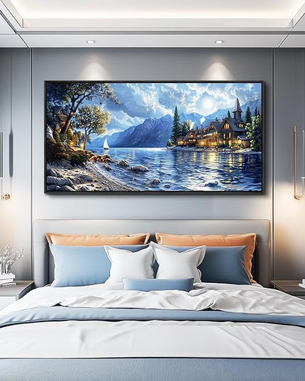 XIGUANGART Coastal Wall Art Blue Ocean Picture Mountain Wall Decor Lake Beside Countryside Large Canvas Print Art for Living Room Bedroom Home Office Forest Scenery Painting Decoration Framed Artwork